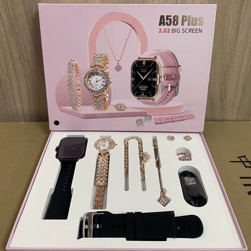 2024 Smartwatch A58Plus 8-in-1 Luxury Jewelry Set – Necklace, Earrings, Bracelet, Ring, GT4 Reloj Montre Intelligente