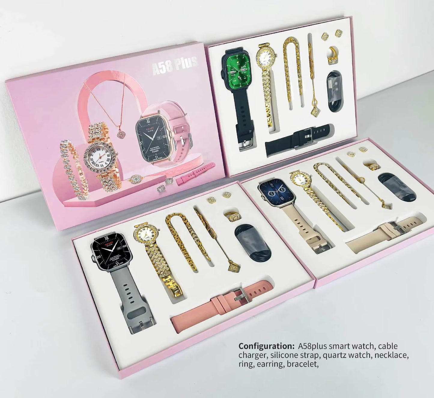 2024 Smartwatch A58Plus 8-in-1 Luxury Jewelry Set – Necklace, Earrings, Bracelet, Ring, GT4 Reloj Montre Intelligente
