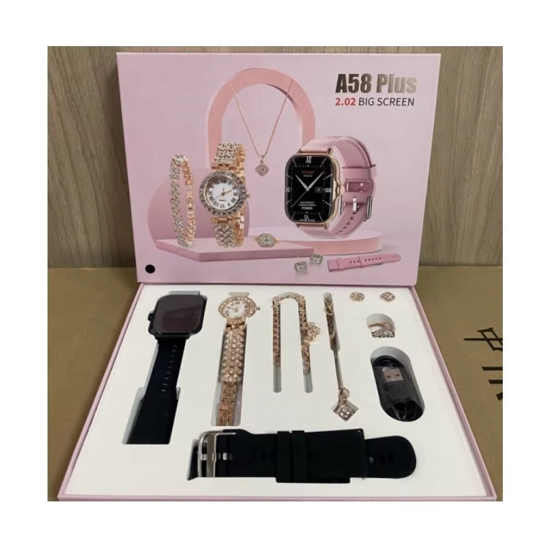 2024 Smartwatch A58Plus 8-in-1 Luxury Jewelry Set – Necklace, Earrings, Bracelet, Ring, GT4 Reloj Montre Intelligente