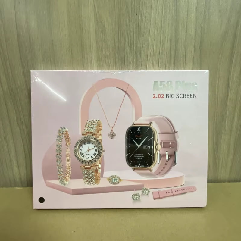 2024 Smartwatch A58Plus 8-in-1 Luxury Jewelry Set – Necklace, Earrings, Bracelet, Ring, GT4 Reloj Montre Intelligente
