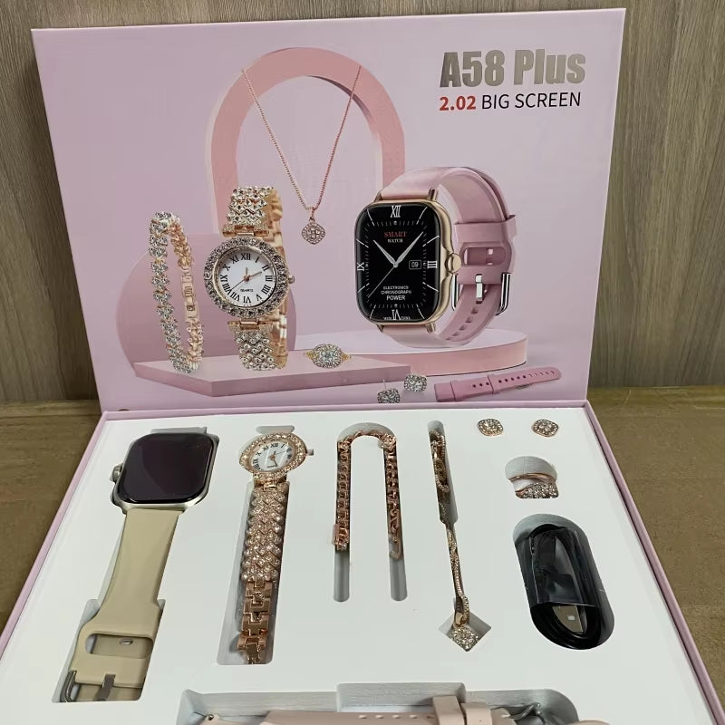 2024 Smartwatch A58Plus 8-in-1 Luxury Jewelry Set – Necklace, Earrings, Bracelet, Ring, GT4 Reloj Montre Intelligente