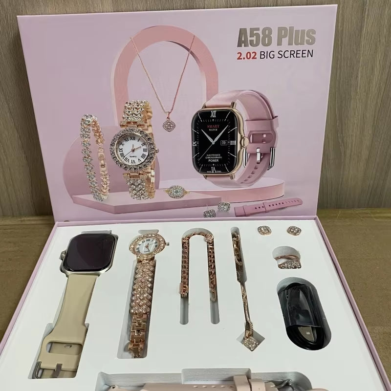 2024 Smartwatch A58Plus 8-in-1 Luxury Jewelry Set – Necklace, Earrings, Bracelet, Ring, GT4 Reloj Montre Intelligente