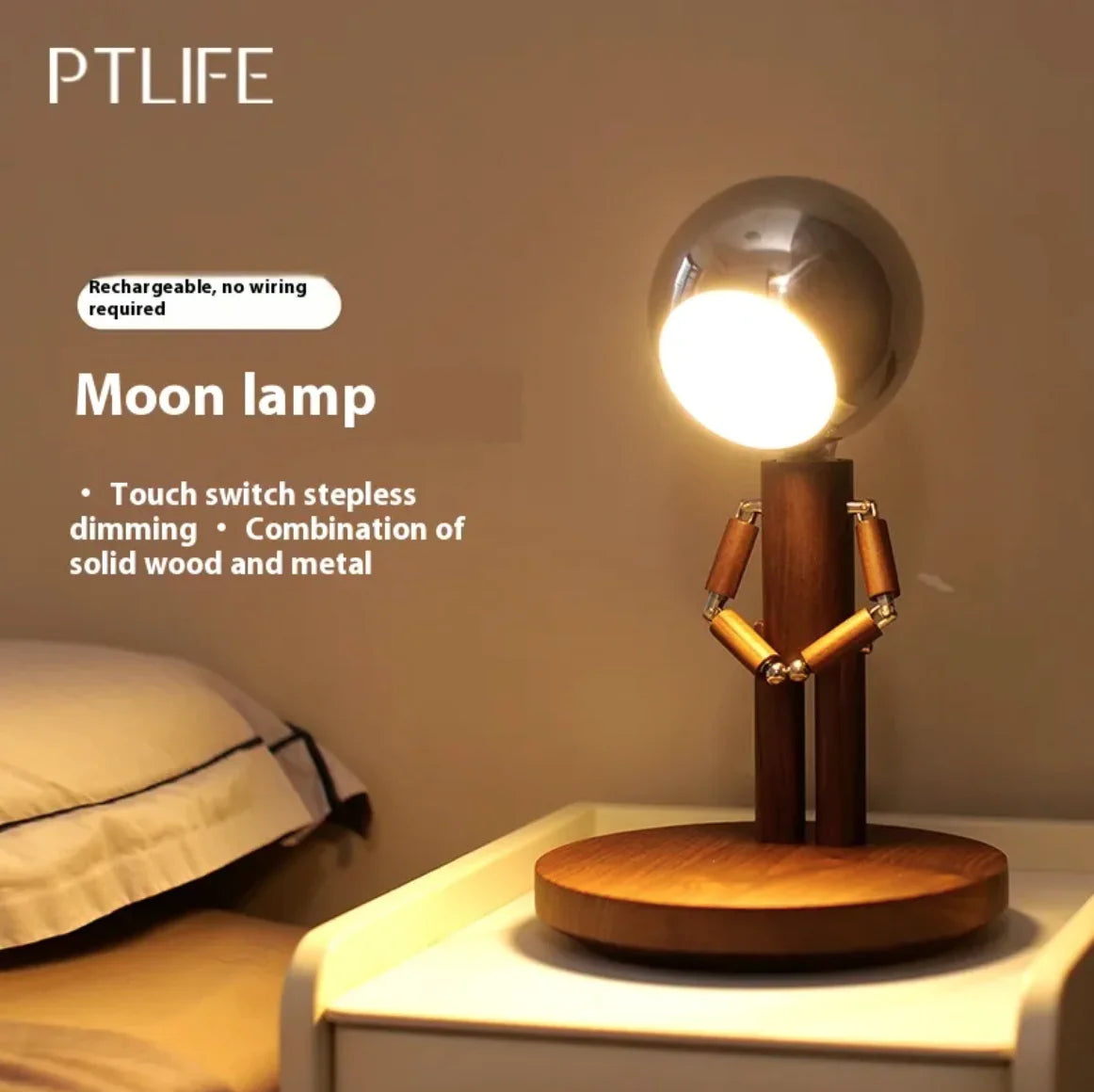 Solid Wooden Robot Moon Desk Bedside Lamp