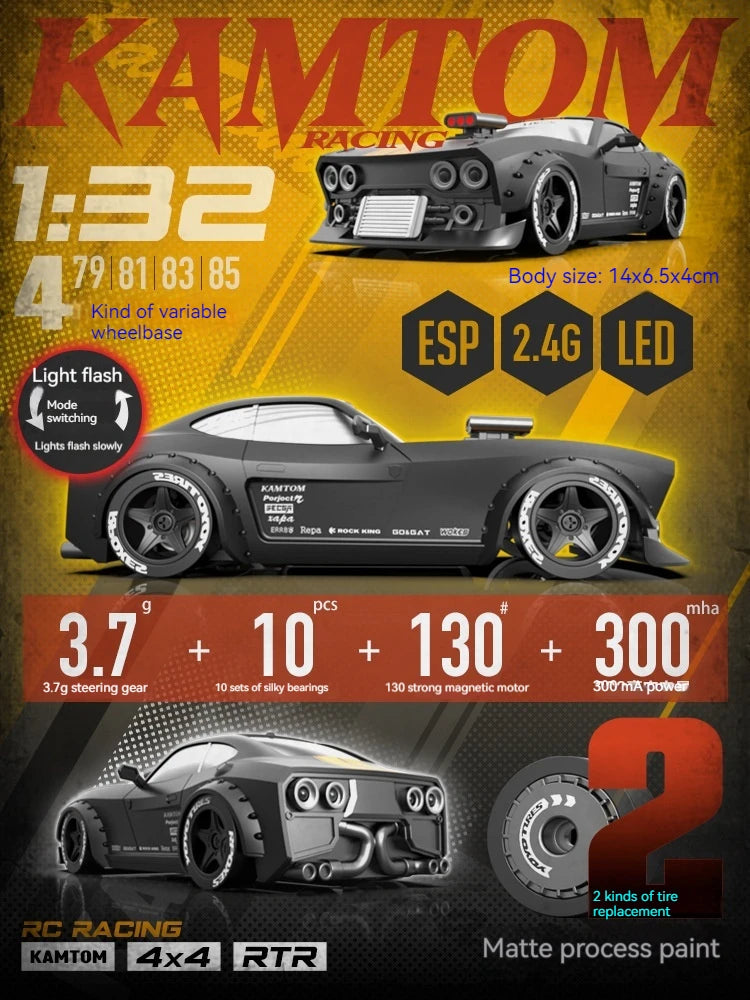 KAMTOM 1/32 4WD RC Drift Car – 30KM/H, Gyro Stabilization, LED Lights