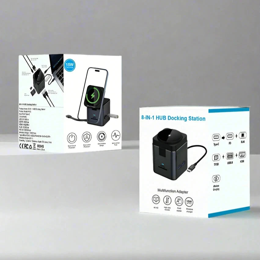 8 in 1 Multifunction Wireless Charger Dock Black USB-C Hub for iPhone 15/14/13