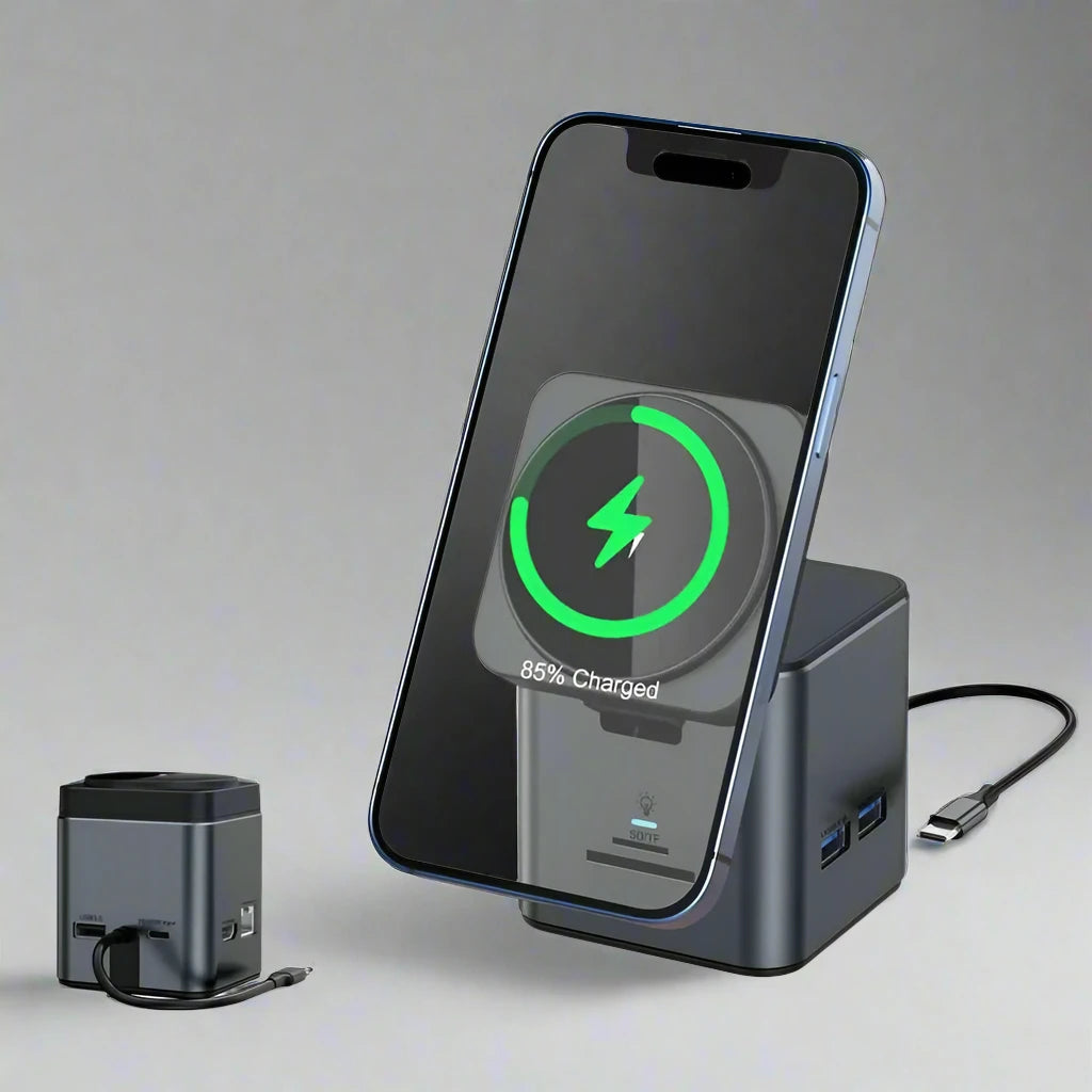 8 in 1 Multifunction Wireless Charger Dock Black USB-C Hub for iPhone 15/14/13