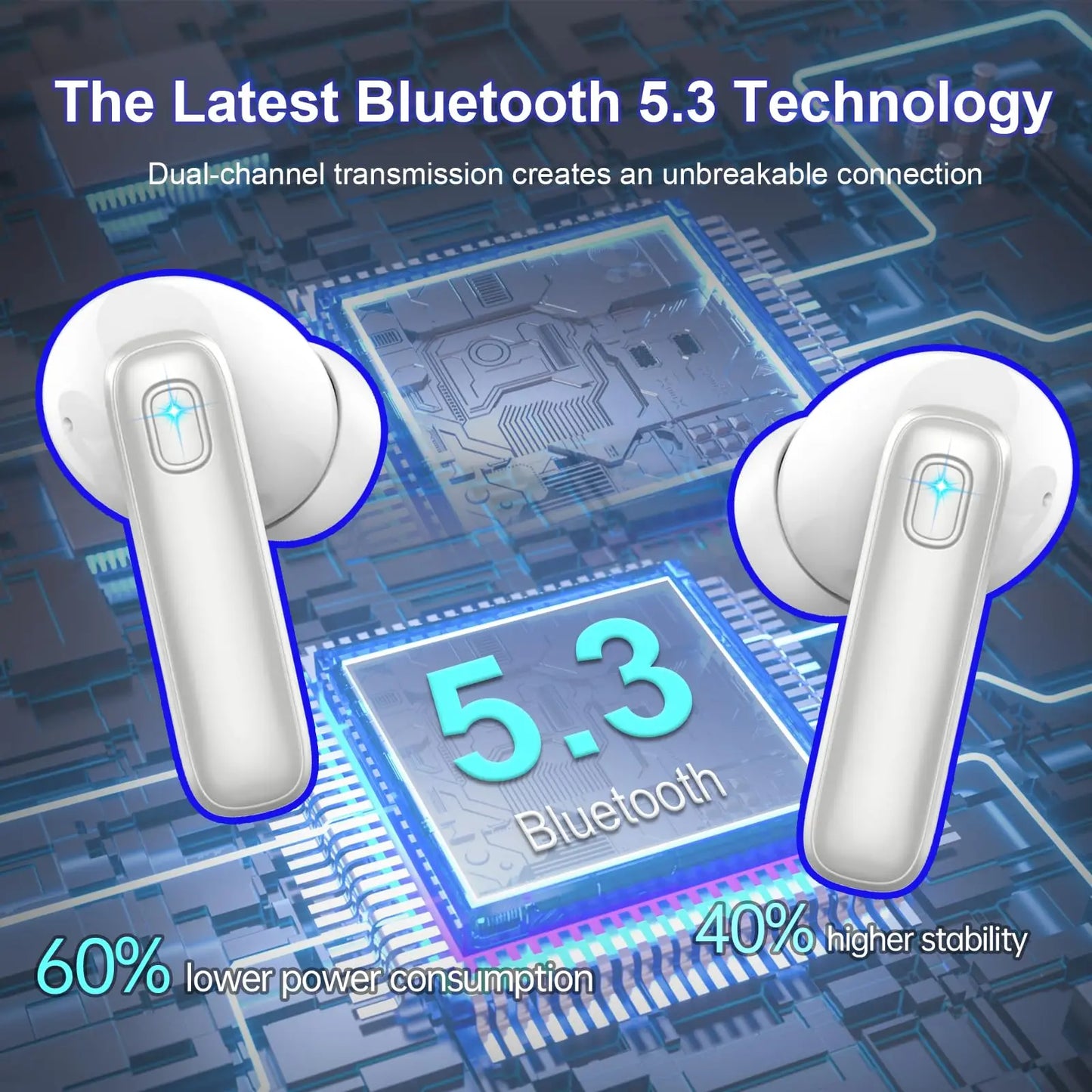 SoundMax TWS Bluetooth 5.3 Earphones, 40H, 4-Mic ENC, LED