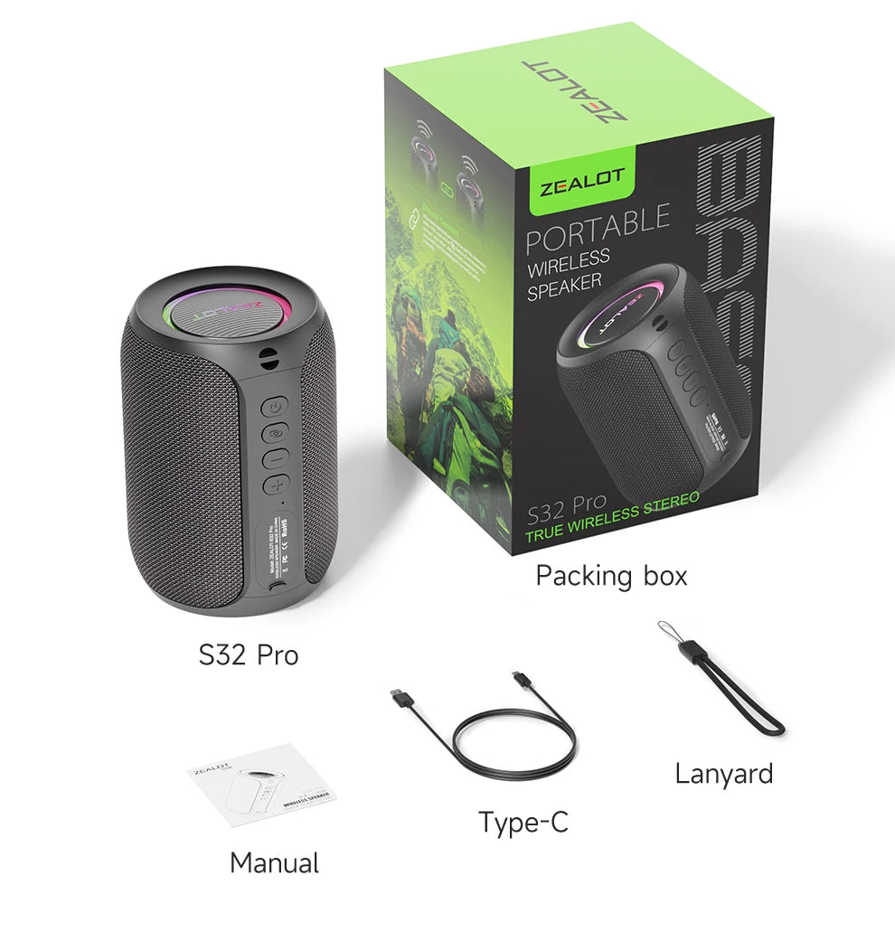 Zealot S32PRO Bluetooth 5.2 Waterproof Speaker with 15W Bass & LED