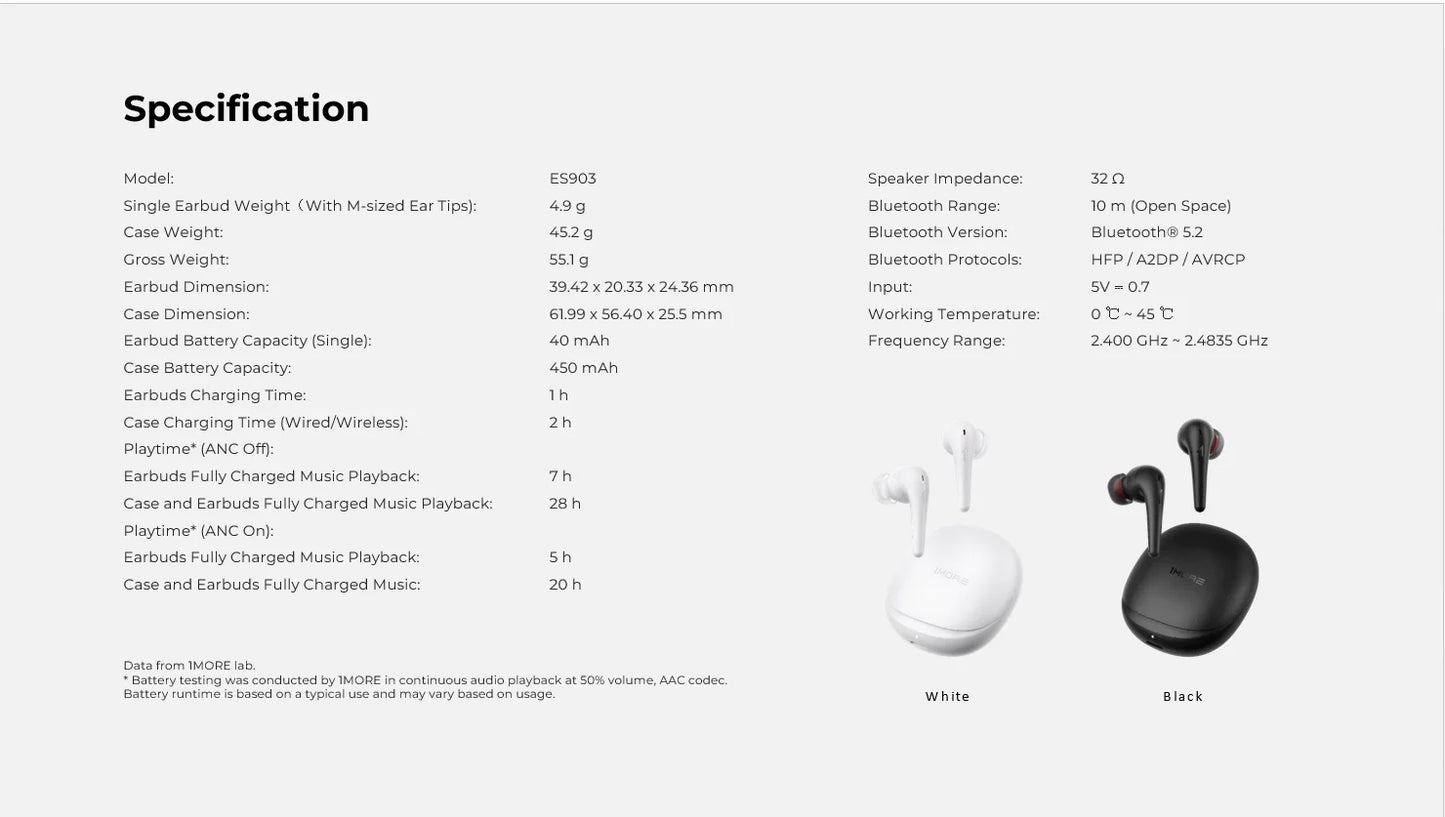 1MORE Aero Bluetooth 5.2 Earbuds ANC Wireless Charging 28H Playtime