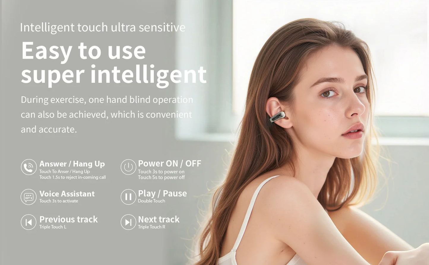 Clip Ear Translator Earphones, BT 5.4, ANC, 5H Playtime