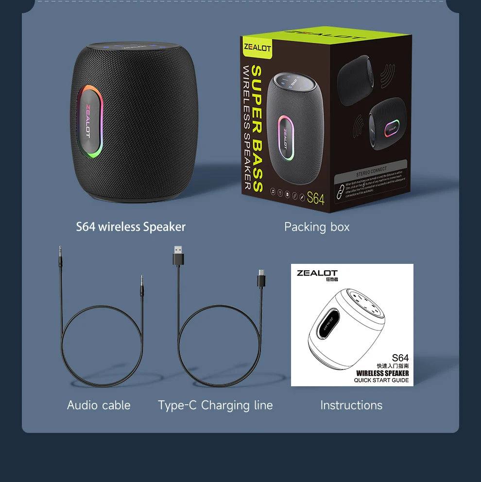 ZEALOT S64 50W Outdoor Bluetooth Speaker with Subwoofer & 14400mAh Battery – IPX6 Waterproof