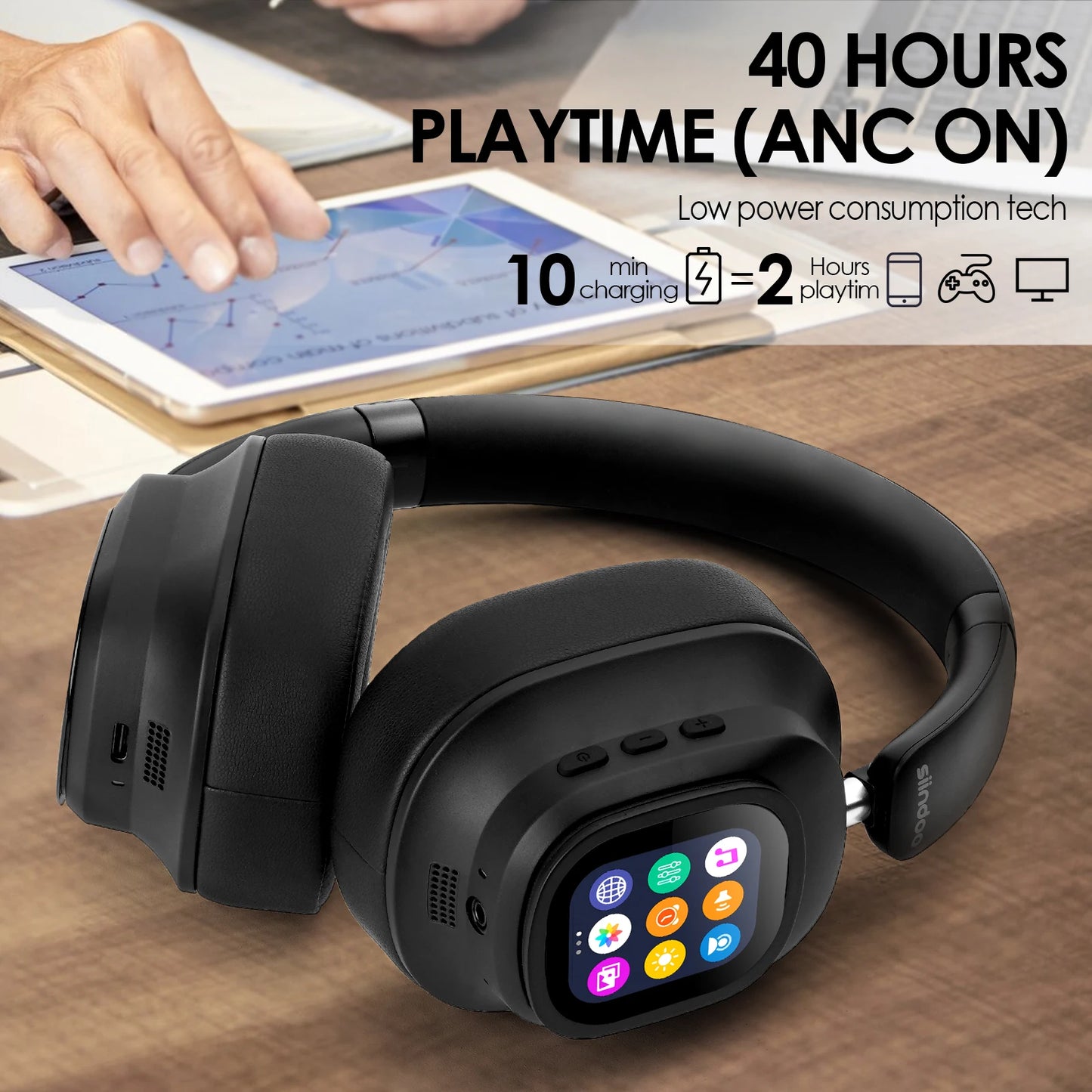 Hybrid Wireless Headphones with LED Touch Display & ANC