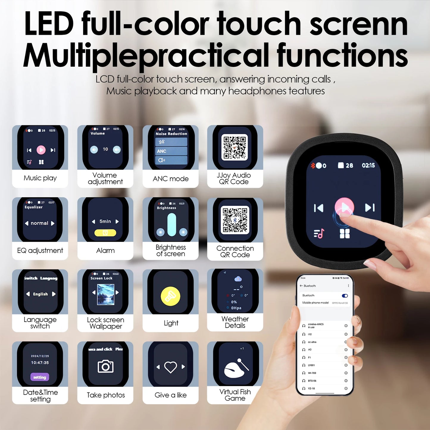 Hybrid Wireless Headphones with LED Touch Display & ANC