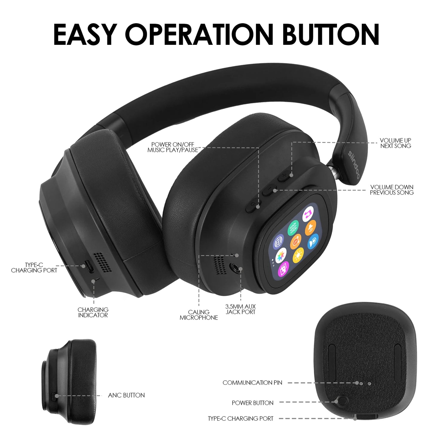 Hybrid Wireless Headphones with LED Touch Display & ANC