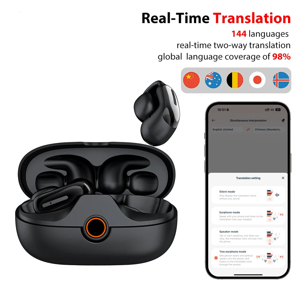 Clip Ear Translator Earphones, BT 5.4, ANC, 5H Playtime