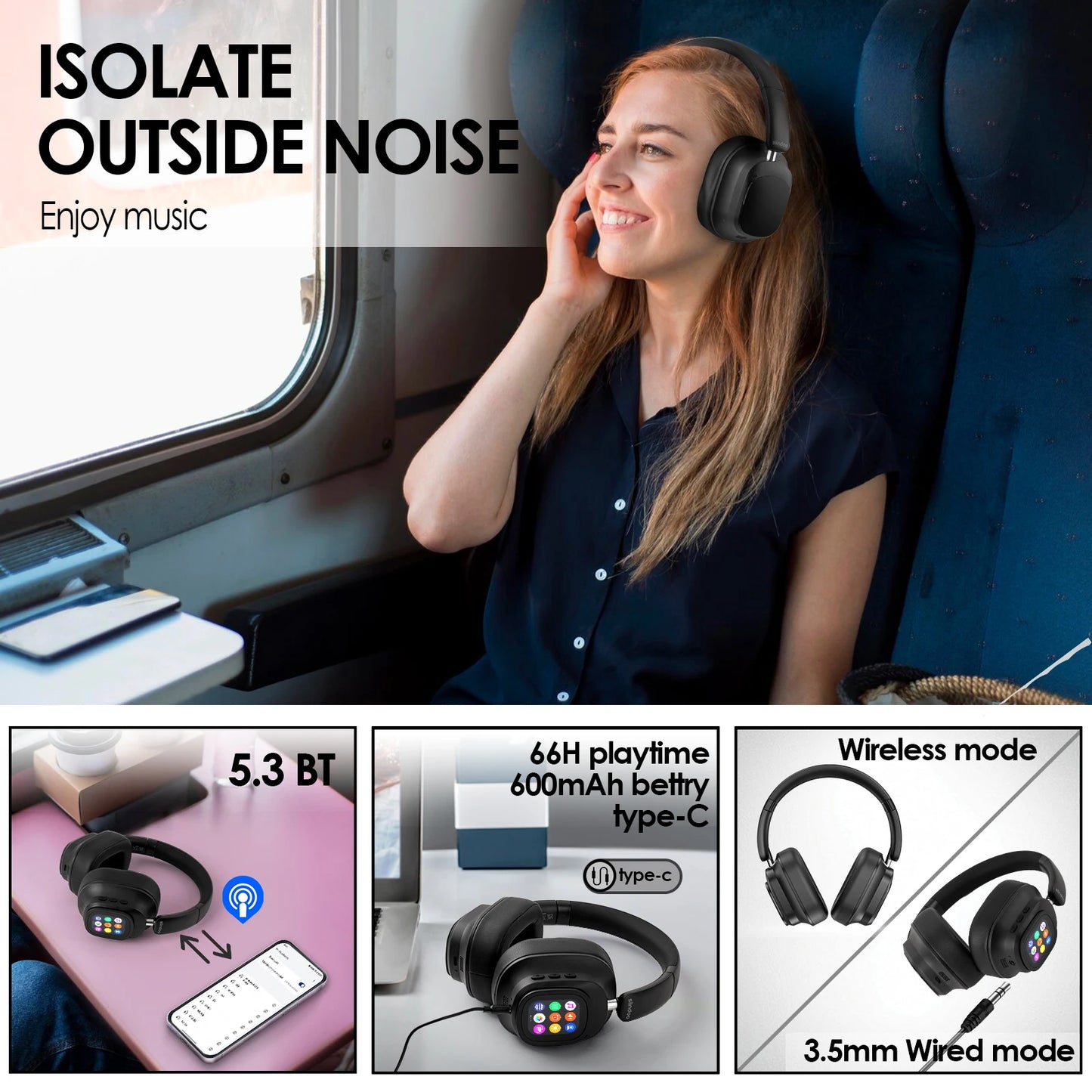 Hybrid Wireless Headphones with LED Touch Display & ANC