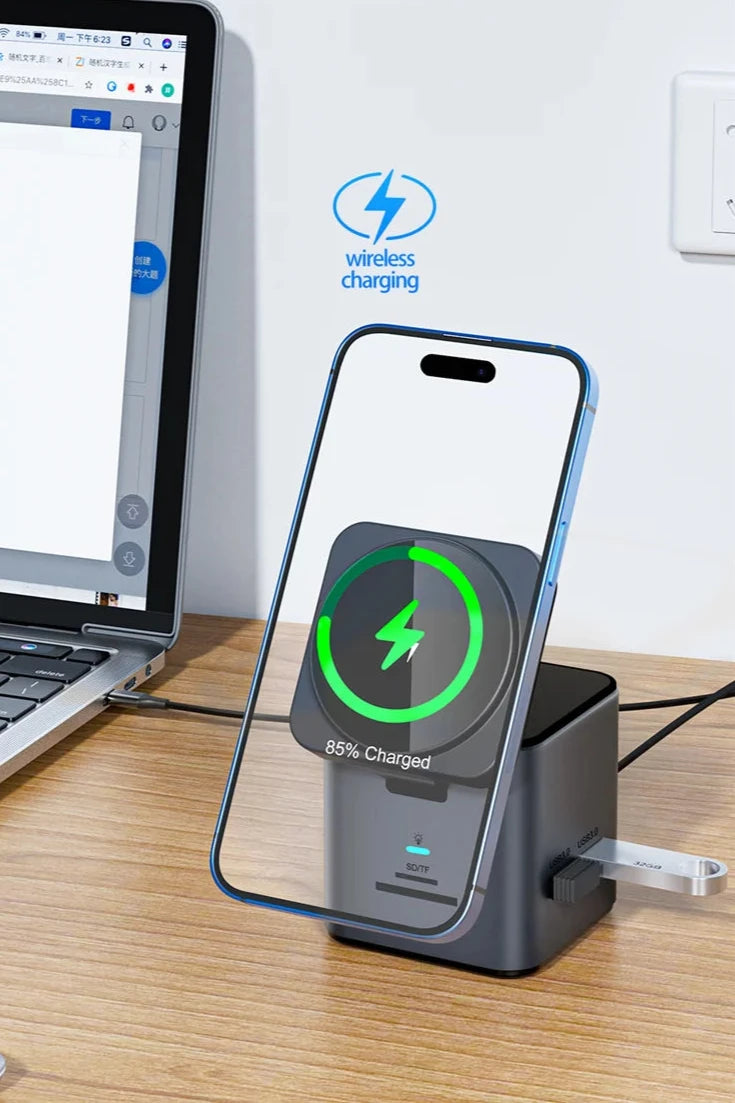 8 in 1 Multifunction Wireless Charger Dock Black USB-C Hub for iPhone 15/14/13