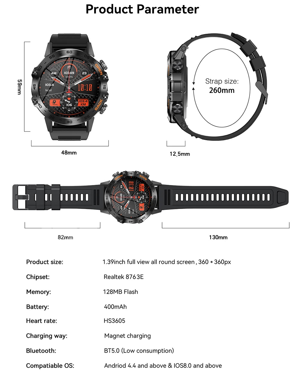 Men Smart Watches for iOS Android MD52 Sports Fitness Tracker Waterproof 1.39