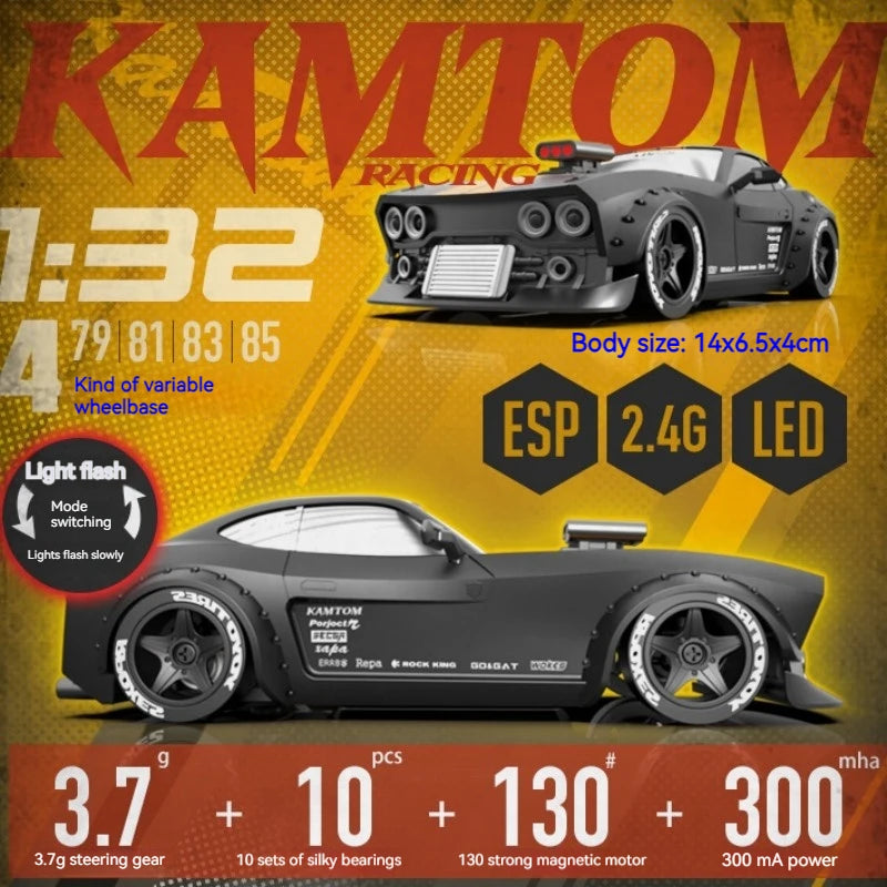 KAMTOM 1/32 4WD RC Drift Car – 30KM/H, Gyro Stabilization, LED Lights