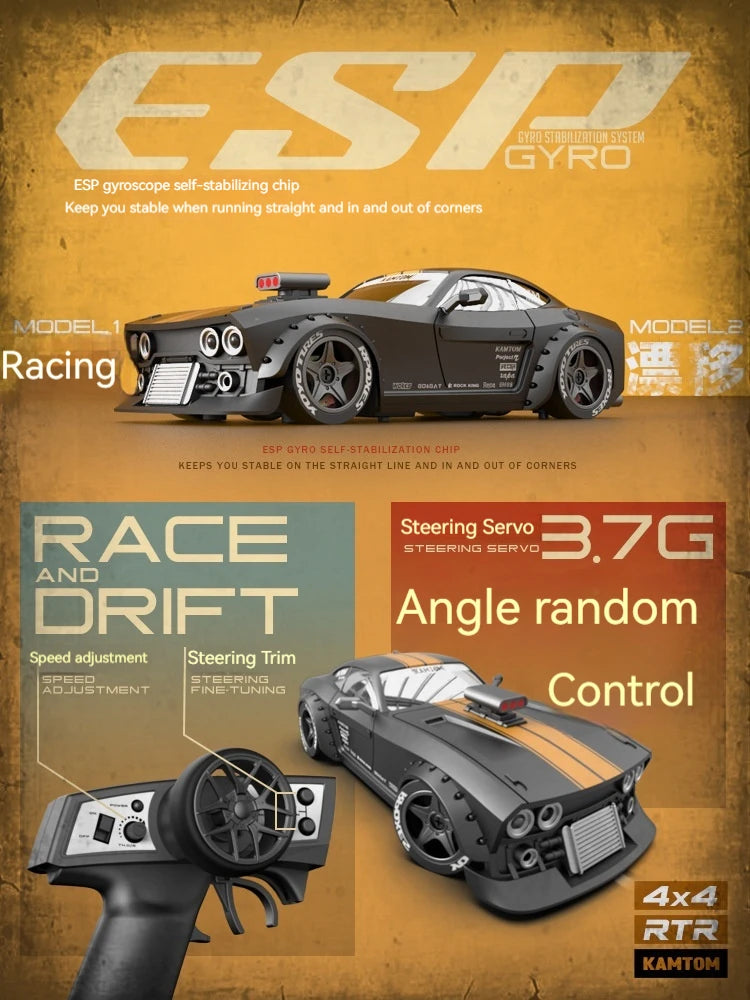 KAMTOM 1/32 4WD RC Drift Car – 30KM/H, Gyro Stabilization, LED Lights