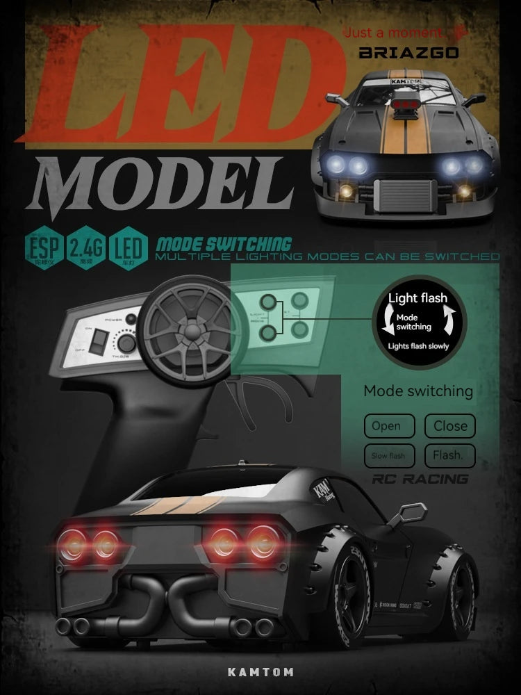 KAMTOM 1/32 4WD RC Drift Car – 30KM/H, Gyro Stabilization, LED Lights