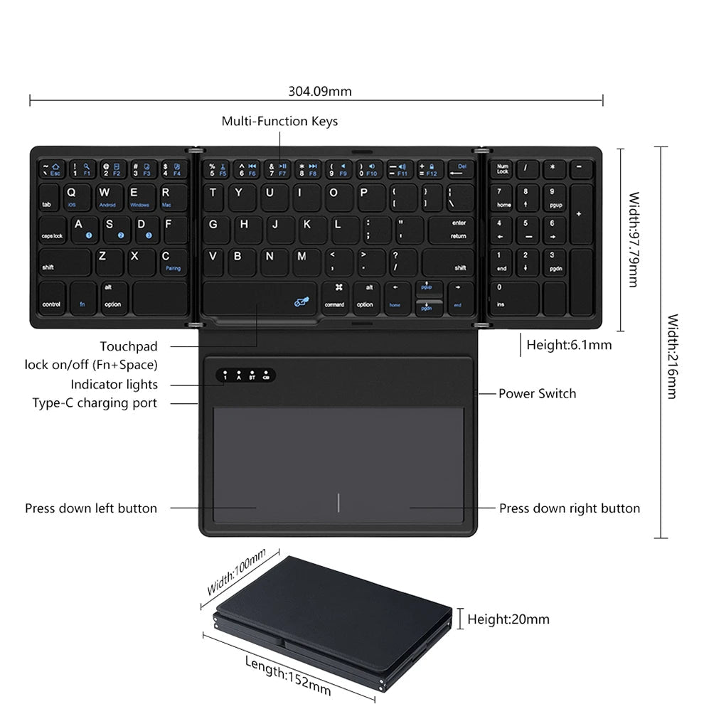 Foldable Bluetooth Keyboard with Touchpad – Portable Wireless Rechargeable Keyboard for Laptop, Phone, Tablet