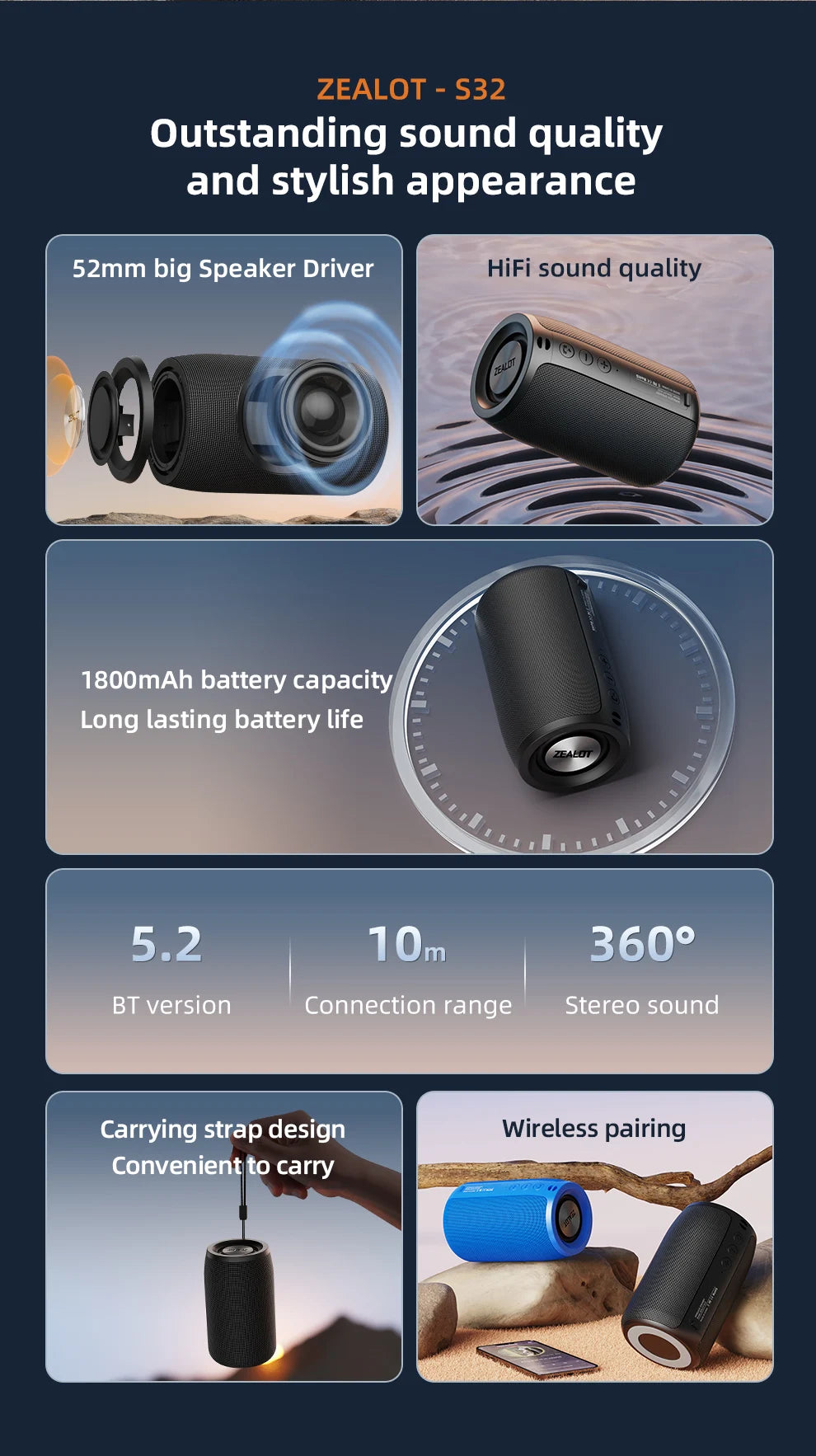 Zealot S32 Mini Bluetooth Speaker with Bass, FM, TF & TWS Support