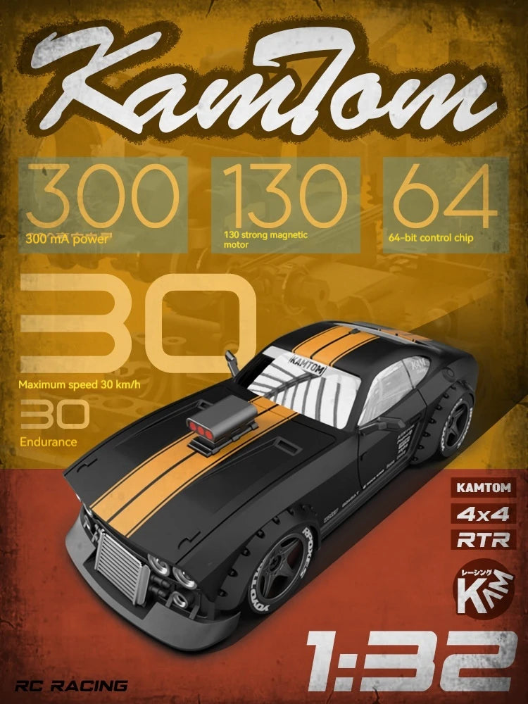 KAMTOM 1/32 4WD RC Drift Car – 30KM/H, Gyro Stabilization, LED Lights