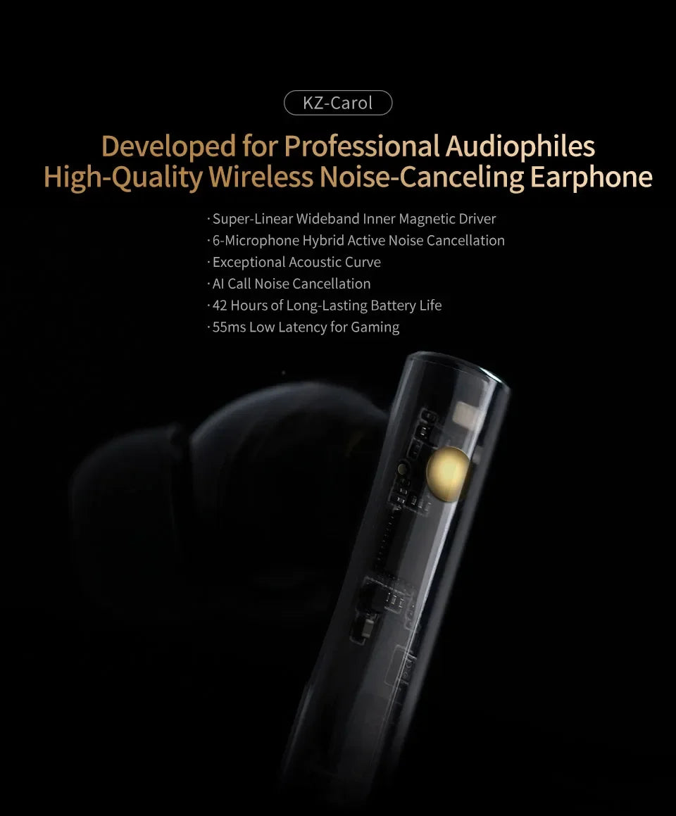 KZ Carol TWS Bluetooth 5.3 Earbuds – 6-Mic ANC, HiFi, 42H Battery