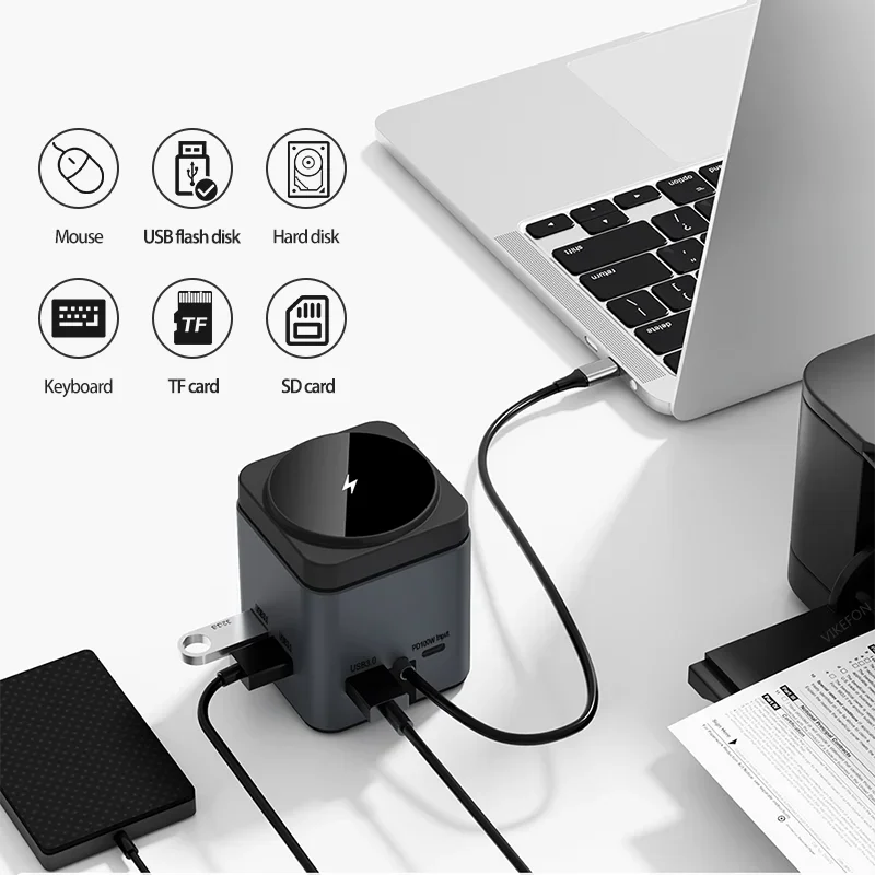 8 in 1 Multifunction Wireless Charger Dock Black USB-C Hub for iPhone 15/14/13