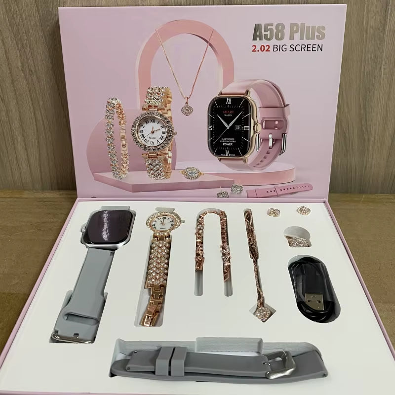 2024 Smartwatch A58Plus 8-in-1 Luxury Jewelry Set – Necklace, Earrings, Bracelet, Ring, GT4 Reloj Montre Intelligente