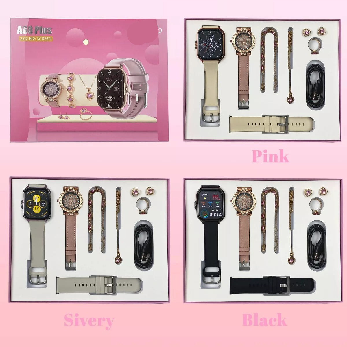 Smartwatch A58Plus 8-in-1 Luxury Jewelry Set – Necklace, Earrings, Bracelet, Ring For Women