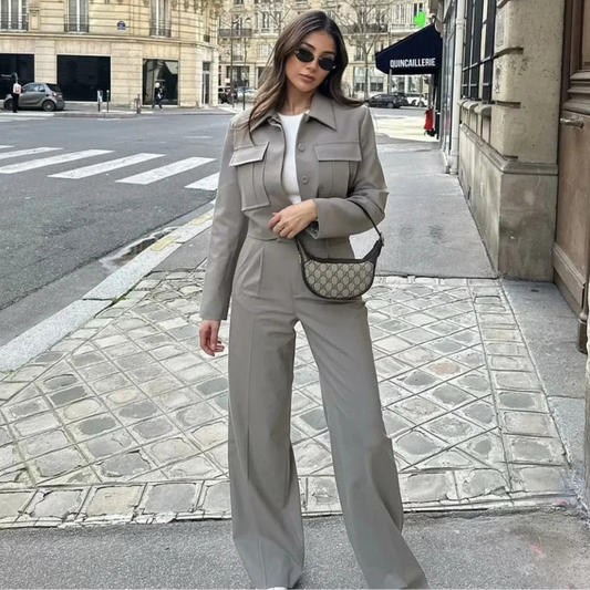 Aria Casual Suit Set | Turn-Down Collar Jacket + Wide-Leg Pants for Streetwear