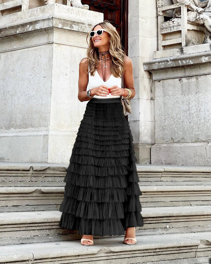Layla Ruffle Mesh Maxi Skirt | Boho High-Waist Tulle
