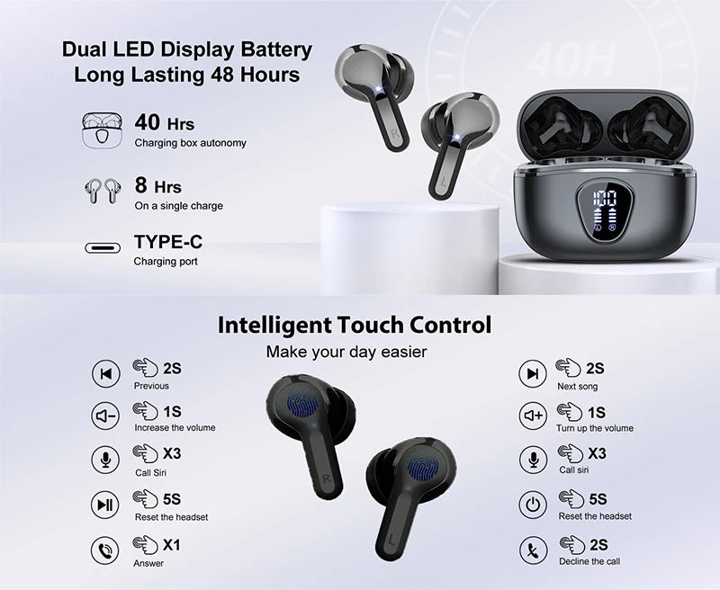 ProX TWS Bluetooth 5.4 Earphones, 60H ANC, IP7, LED