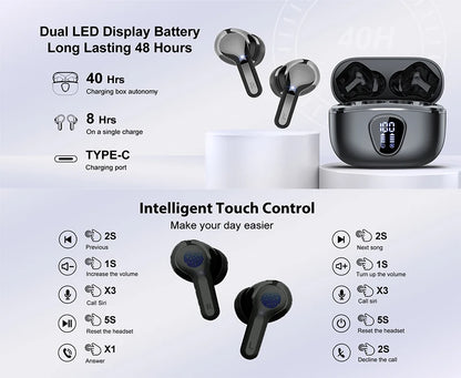ProX TWS Bluetooth 5.4 Earphones, 60H ANC, IP7, LED