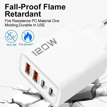 120W 4-Port USB C Fast Charger | PD & QC3.0 Wall Plug