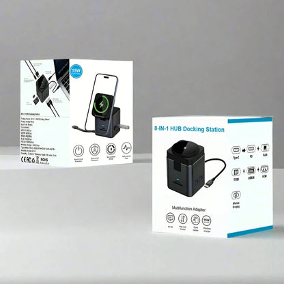 8 in 1 Multifunction Wireless Charger Dock Black USB-C Hub for iPhone 15/14/13