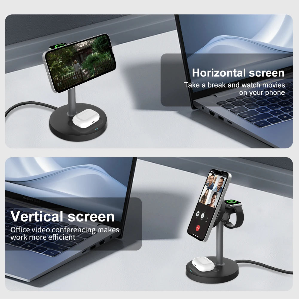 3-in-1 Magnetic Wireless Charger Stand for iPhone & Apple Watch