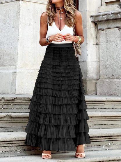 Layla Ruffle Mesh Maxi Skirt | Boho High-Waist Tulle