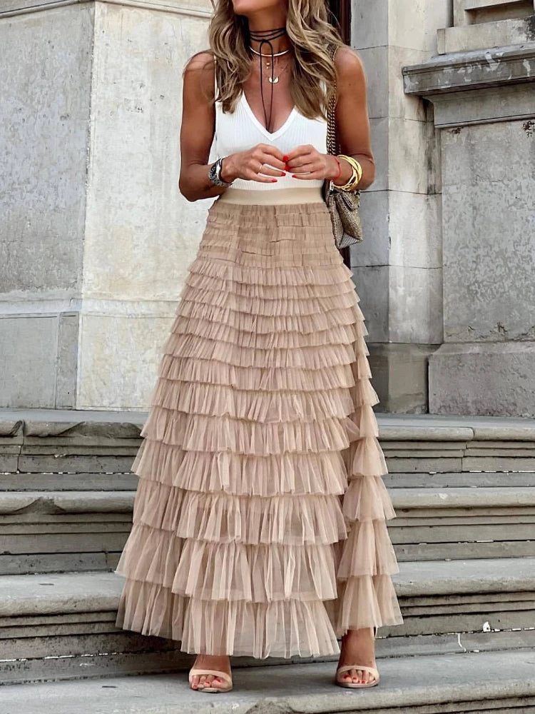 Layla Ruffle Mesh Maxi Skirt | Boho High-Waist Tulle