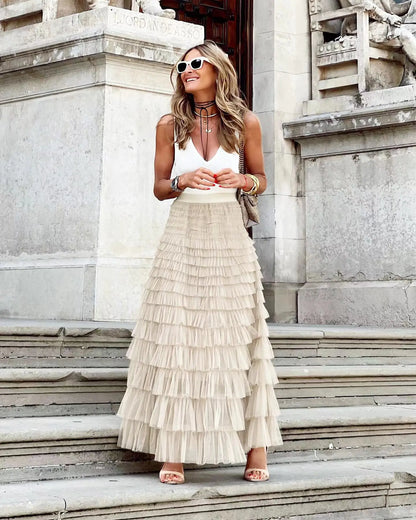 Layla Ruffle Mesh Maxi Skirt | Boho High-Waist Tulle