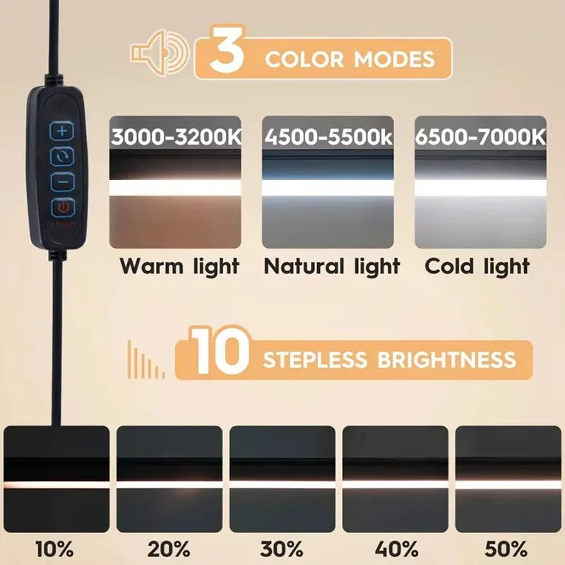 10W LED Desk Lamp Clamp Swing Arm 10 Brightness 3 Modes