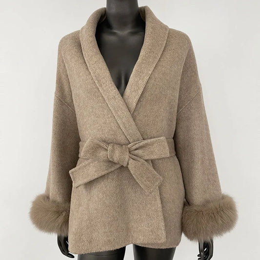 Aurora Luxe Double-Sided Wool Coat | Belted Fox Fur-Trimmed Winter Jacket