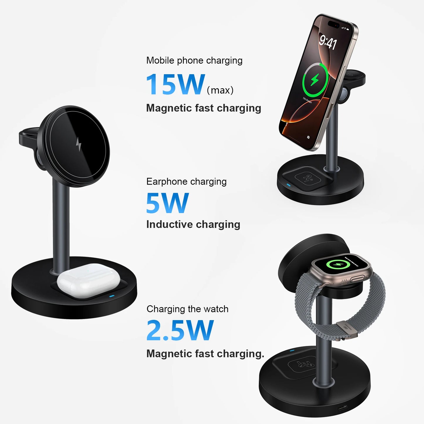 3-in-1 Magnetic Wireless Charger Stand for iPhone & Apple Watch