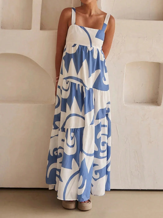 Luna Square-Collar Slip Dress | Printed Summer Maxi