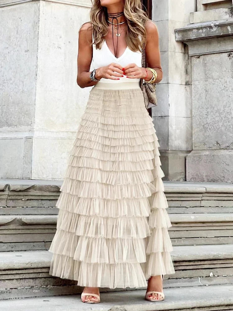 Layla Ruffle Mesh Maxi Skirt | Boho High-Waist Tulle