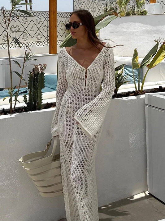 Luna Sheer Knit Cover-Up | Deep V-Neck Beach Dress