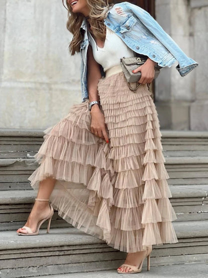 Layla Ruffle Mesh Maxi Skirt | Boho High-Waist Tulle