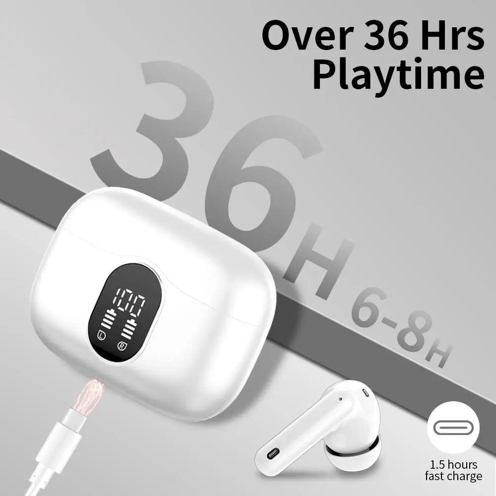 SoundSync Wireless Earbuds Bluetooth 5.3, 36H, 4-Mic ENC, LED